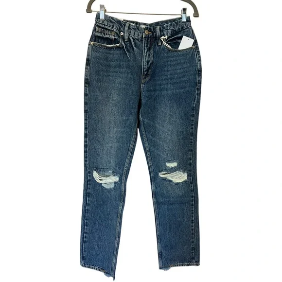 Good American Good 90s Slim Ripped Knee Straight Jeans in Indigo061 (6) - Picture 5 of 13